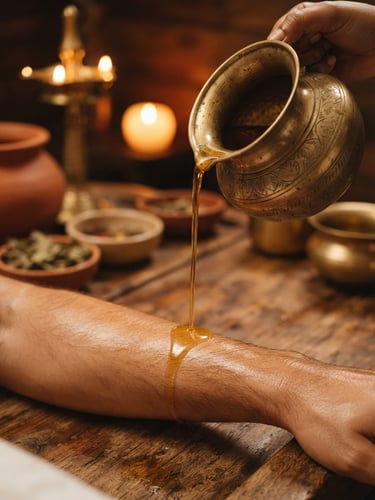 Close-up of warm medicated oils being poured from a traditional brass vessel, soft golden candlelight, shallow depth of field, rich teakwood background