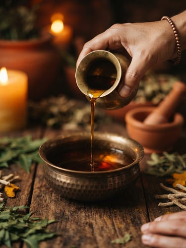 Close-up of warm medicated herbal oil being poured into a traditional bronze vessel, soft golden candlelight, teakwood background, warm editorial photography, 35mm