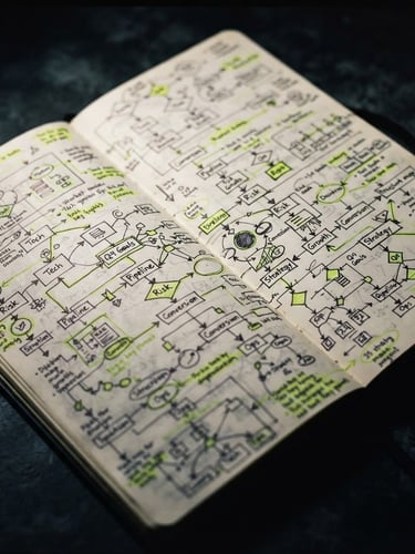 Macro close-up of a physical notebook with strategic diagrams hand-drawn, sharp key light on the paper, deep obsidian background, moody dark-mode editorial photography, 35mm film