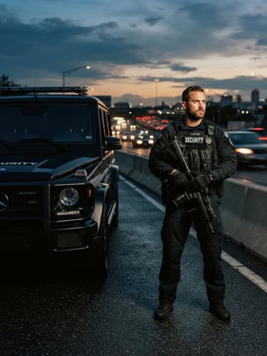 Cinematic tactical photography, professional security agent in uniform standing alert next to a modern escort vehicle, dramatic highway twilight lighting, deep charcoal and amber tones, sharp focus, 35mm