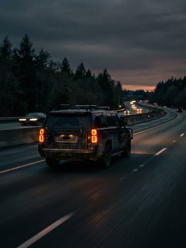 Cinematic tactical escort vehicle driving on a highway at twilight, orange amber taillights, deep charcoal sky, sharp focus, 35mm photography