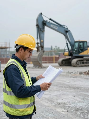 Ingeniero con casco y chaleco de alta visibilidad revisando planos en una gran obra de construcción industrial, maquinaria pesada al fondo, luz de día nublada, tonos fríos.