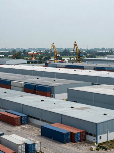 Vista aérea de un patio de almacenamiento industrial con contenedores de carga y materiales de construcción pesados, grúas en la distancia, bajo luz diurna nublada, tonos fríos y desaturados, enfoque nítido, alto contraste, lente de 35 mm.