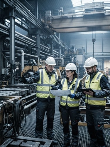 Ingenieros en sitio con equipo de protección personal (EPP) completo, casco, chaleco de alta visibilidad, gafas de seguridad, en una planta industrial de gran escala, bajo luz diurna nublada, tonos fríos y desaturados, enfoque nítido, alto contraste, lente de 35 mm.