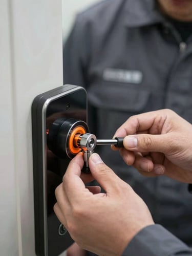 Tight macro shot of a technician's hands in dark gray uniform calibrating a smart lock cylinder, sharp focus under bright daylight, safety orange accent light visible on the device.