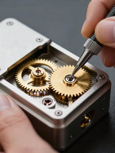 Macro close-up of hands calibrating the internal brass gears of a high-security lock mechanism with micro-tools, sharp LED lighting, technical precision.