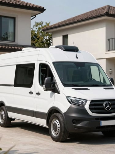 Wide environmental shot of a clean, branded mobile workshop van arriving at a modern high-end residence, bright daylight, sharp focus.