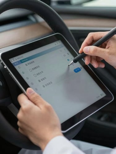 Macro shot of hands in clean technician uniform using a diagnostic tablet connected to a luxury car steering column, crisp LED lighting.