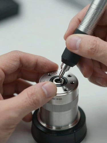 Tight macro shot of a technician hands using a specialized digital decoder tool on a high-security lock cylinder, clean environment, high-clarity lighting.