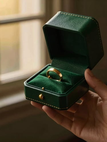An elegant hand holding a green leather heirloom box under soft golden-hour window light, showcasing a gold ring, 85mm lens