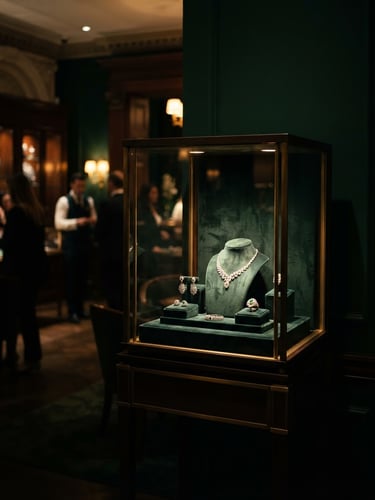 Dramatic low-key editorial photography of a luxurious jewellery showroom interior, soft golden spotlight illuminating a velvet-lined display case, rich emerald green walls, 85mm lens