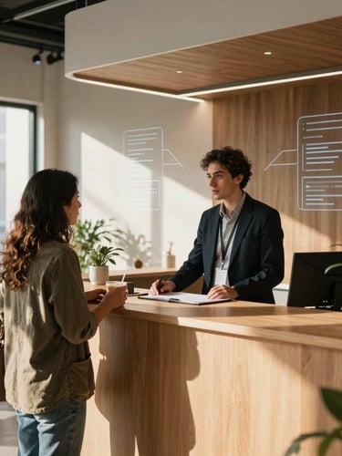 Environmental shot of a modern, sunlit coworking space in Mexico City, a community manager talking to a member at the reception desk, subtle digital UI lines overlaid, warm natural light.