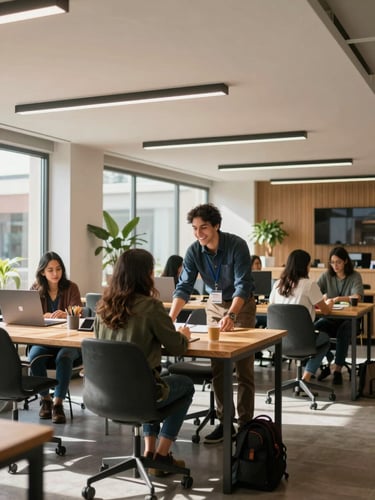Wide environmental shot of a modern, sunlit coworking space in Bogota, a community manager smiling while helping a member at a wooden hot desk, soft architectural lines, clean natural lighting