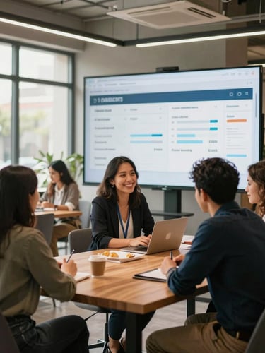 Wide environmental shot of a modern, sunlit coworking space in Mexico City, a community manager interacting warmly with a member at a sleek wooden table, subtle digital UI overlay showing clean data flows in the background, natural daylight, professional architectural framing.