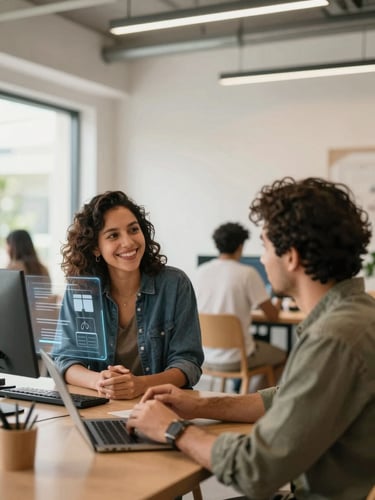 A bright, natural-light environment of a modern Latin American coworking space with clean architectural lines, where a community manager is smiling and talking to a nomad member, soft tech interface overlay.