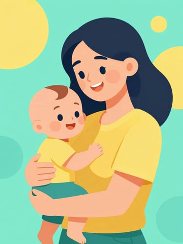 Bright vector illustration of a smiling mother holding her baby close, warm daylight, soft teal and sunny yellow accents, high contrast flat design