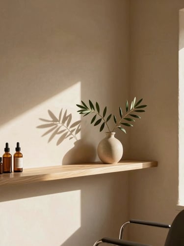 Close-up of soft morning light illuminating a minimalist hair salon interior in Sant Celoni, warm sand-colored plaster walls, a simple wooden shelf with organic oils, and a single green olive branch in a ceramic vase, peaceful atmosphere.