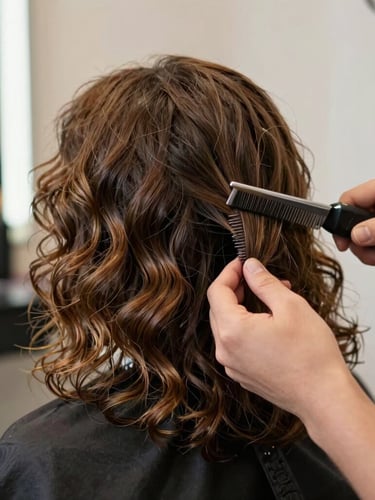 Primer plano de texturas de cabello natural ondulado bajo luz difusa de tarde, manos de estilista trabajando con delicadeza en el corte, enfoque suave.