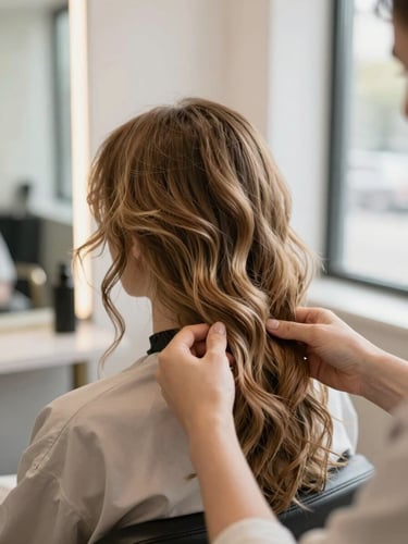 Close-up of hands carefully styling natural wavy hair in a bright minimalist salon, soft daylight filtering through a window, warm neutral tones.