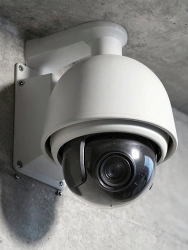 Close-up of a high-end dome camera integrated into a concrete wall, sharp shadows, industrial high-contrast lighting, engineering precision