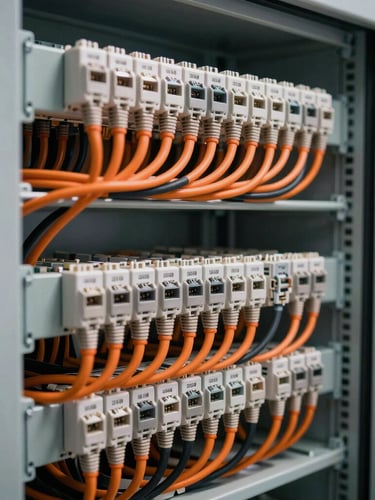 Vertical portrait shot of a certified structured cabling cabinet, perfectly organized orange and black ethernet cables bundled with precision, high-contrast industrial lighting, shallow depth of field.