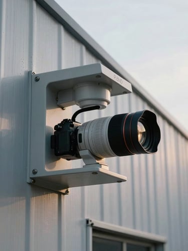 Plano medio de una cámara domo de alta seguridad integrada en el voladizo de un edificio industrial de concreto, iluminación fría de primera hora de la mañana, alto contraste, composición técnica.