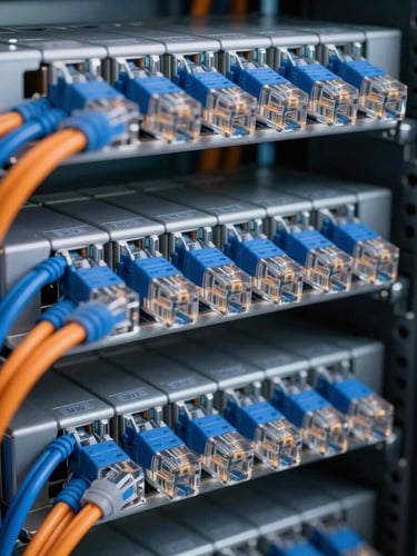 Extreme close-up of a perfectly organized structured cabling rack, blue and orange ethernet cords neatly bundled with velcro, clean labeling, cool high-contrast industrial lighting.