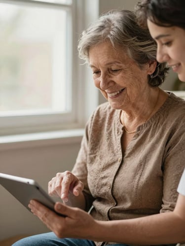 A warm portrait of a senior woman smiling as a young volunteer gently guides her hand on a tablet screen, soft window light, earthy tones, 35mm.