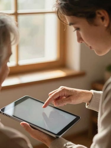 A warm close-up of a young mentor patiently guiding an elderly woman's hand on a tablet screen, soft golden window light, 35mm photography.