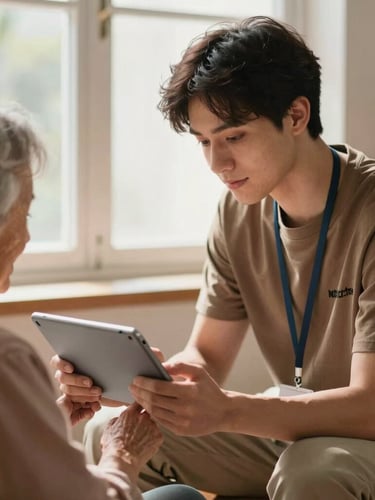 Warm editorial photograph of a young volunteer patiently guiding an elderly woman on a tablet, soft natural window light, shallow depth of field, 35mm