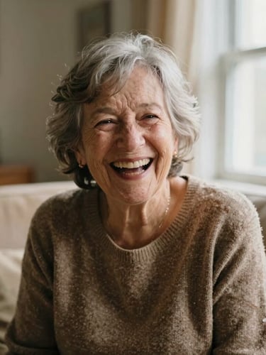 A warm portrait of a senior woman laughing in a sunlit living room, soft natural window light, shallow depth of field, authentic human connection, 35mm photography