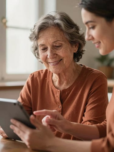 A warm editorial photograph of an older woman smiling as a young mentor patiently guides her hand on a tablet, soft natural window light, rich terracotta tones, shallow depth of field, 35mm