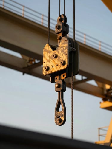Close low-angle shot of hydraulic crane rigging cables and load-bearing shackles at golden hour — heavy steel geometry fills the frame, amber light catching the tension in the cable lines, bridge girders visible out of focus in the background, deep shadow at the bottom edge