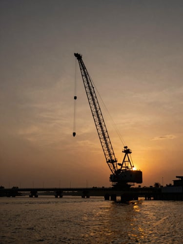 Wide low-angle shot at dusk, a towering hydraulic crane mid-lift over a Kerala waterway bridge, the boom silhouetted against a deep amber and charcoal sky, water reflecting golden-hour light below, vast negative space in the upper frame