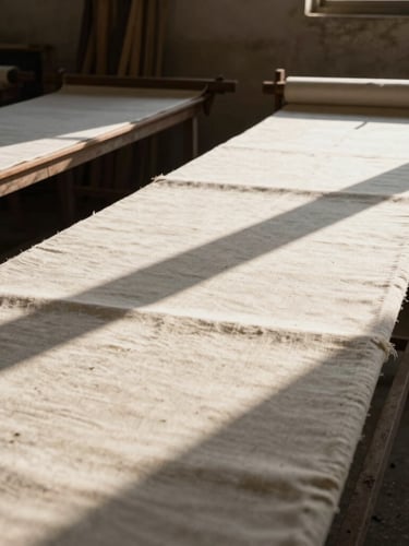 A high-contrast photo of long printing tables in a Jaipur workshop, hand block printed fabrics stretched out under harsh natural sunlight, casting sharp shadows on unbleached cotton.