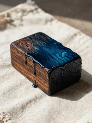 Close-up of a carved teak block dripping with rich indigo dye, resting on stretched unbleached cotton fabric, harsh natural sunlight casting sharp shadows.