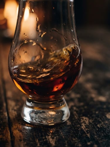 Moody close-up of amber whisky swirling in a Glencairn glass on a dark textured wooden table, warm backlighting, shallow depth of field, 35mm
