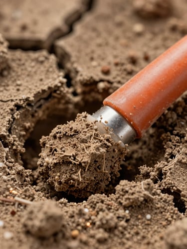 Extreme macro close-up of the Radícula polymer sensor buried in dry, cracked clay soil, showing its rugged texture and thick orange cable