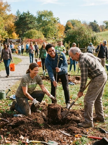 Warm editorial photography, bright natural daylight, candid shot of local volunteers collaborating to plant trees in a community park, rich natural tones, 35mm