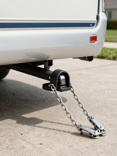 Close-up of a caravan hitch and dual safety chains being inspected, bright outdoor daylight on a suburban concrete driveway, clear informative framing.
