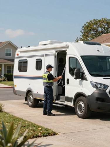 A mobile service vehicle parked in a bright suburban driveway next to a dual-axle caravan, with a licensed inspector checking the safety chains under clear daylight.