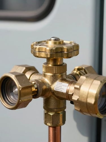 Close-up of a brass caravan gas regulator and copper line connection on a dual-cylinder drawbar, bright outdoor daylight, sharp focus on the compliance tag.