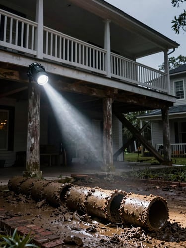High-contrast utility flashlight beam illuminating mud tubes on a brick pier beneath a raised Louisiana shotgun house, dark shadows, sharp focus.