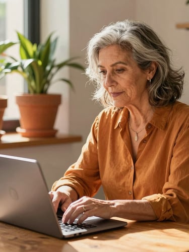 A vibrant Spanish woman in her late 50s with natural gray hair, working on a laptop in a sunlit modern home studio, terracotta pots with green plants in the background, warm golden hour light, authentic editorial style.