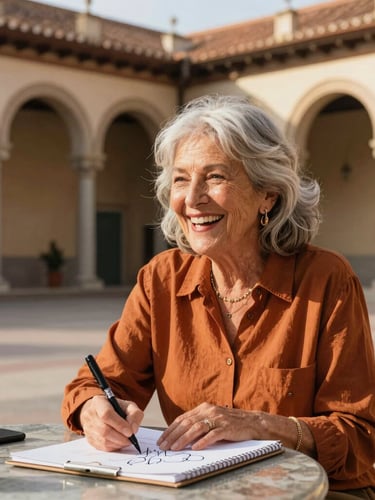 A vibrant, stylish woman in her late 50s with silver hair, laughing while sketching in an outdoor museum courtyard in Madrid, warm golden hour sunlight, architectural arches in background, 35mm lens, sharp focus