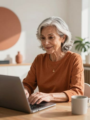 A vibrant Spanish woman in her late 50s with stylish silver hair, working on a laptop in a bright, modern sunlit studio, warm terracotta accents in the background, authentic expression, 35mm lens.