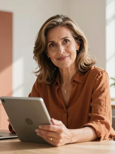 Portrait of a confident Spanish woman in her late 50s, warm natural light, working with a tablet in a modern design studio, soft terracotta accents in background, 35mm lens