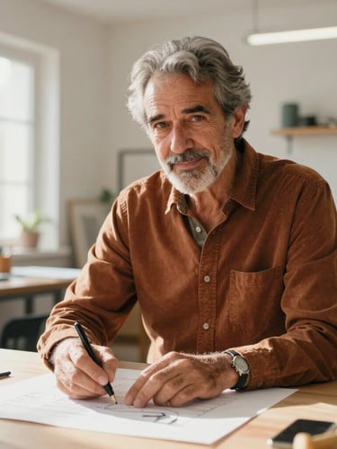 Portrait of an active 55-year-old Spanish man working on a creative project in a bright modern workshop, natural daylight, warm color palette