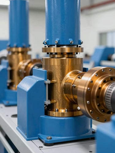 Close-up of high-specification industrial machinery components, crisp details, bright natural daylight, corporate blue and amber tones