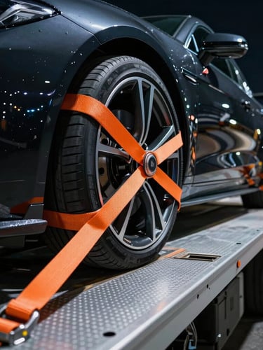 Sharp close-up of a luxury car wheel secured with heavy-duty soft orange straps onto a metallic silver flatbed surface, dramatic night lighting with high contrast reflections, professional automotive transport.